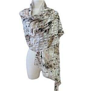 White House Black Market Women's Silk Scarf Wrap Beige Abstract Luxury 21X90"